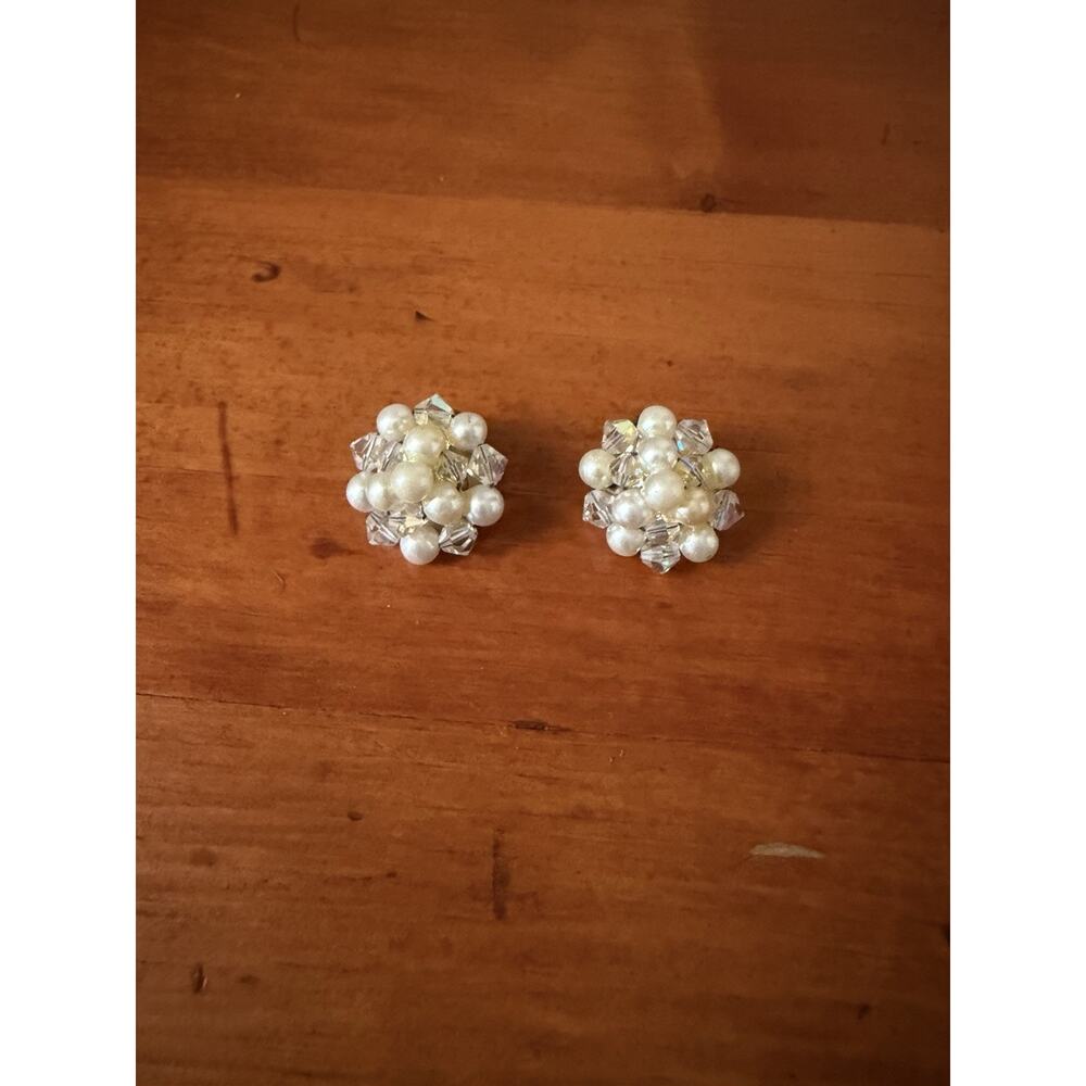 Vintage Faux Pearl Crystal Cluster Clip-On Earrings Mid Century Floral Style